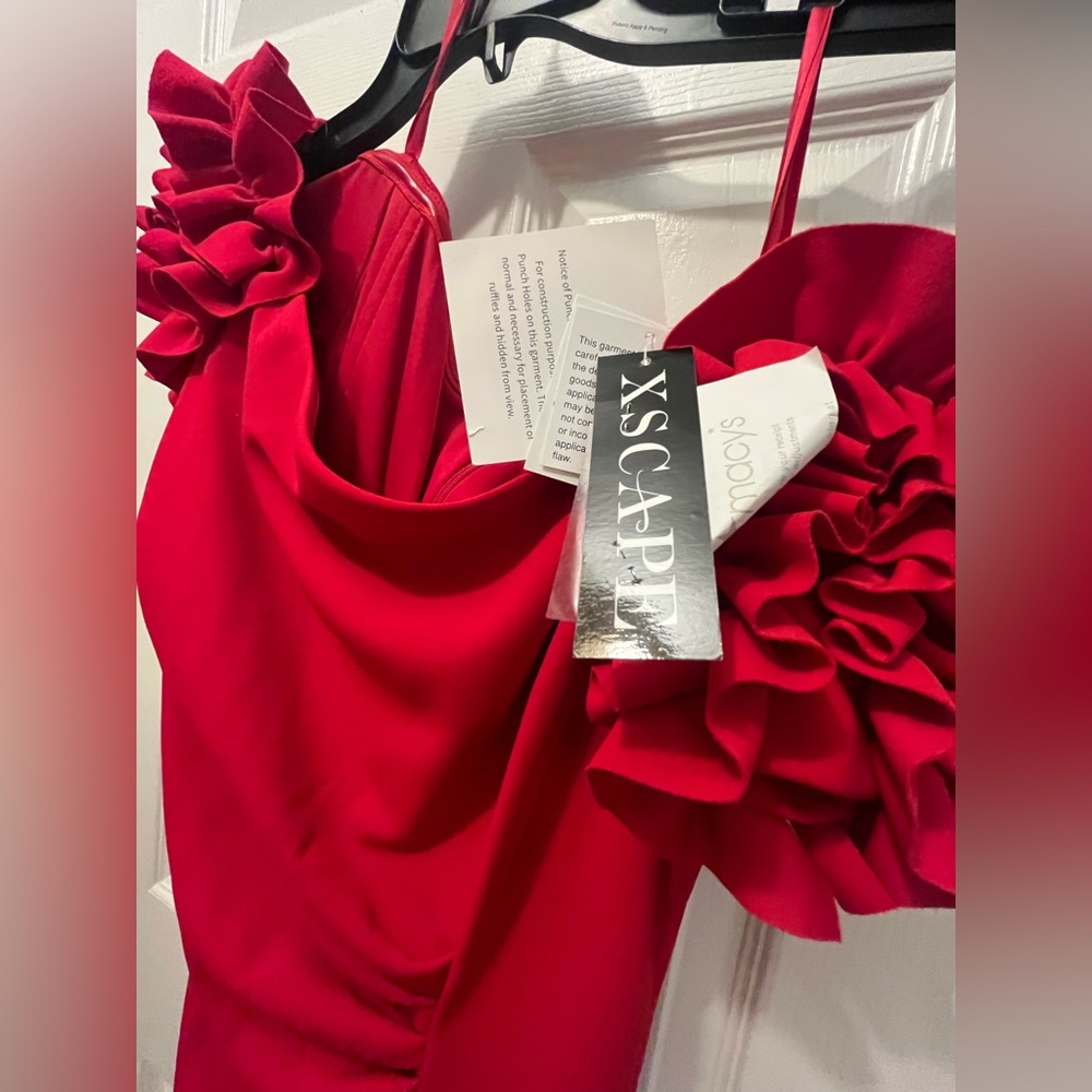 NWT Xscape Red Ruffle Shoulder Evening Gown Dress from Macy's - Picture 6 of 13